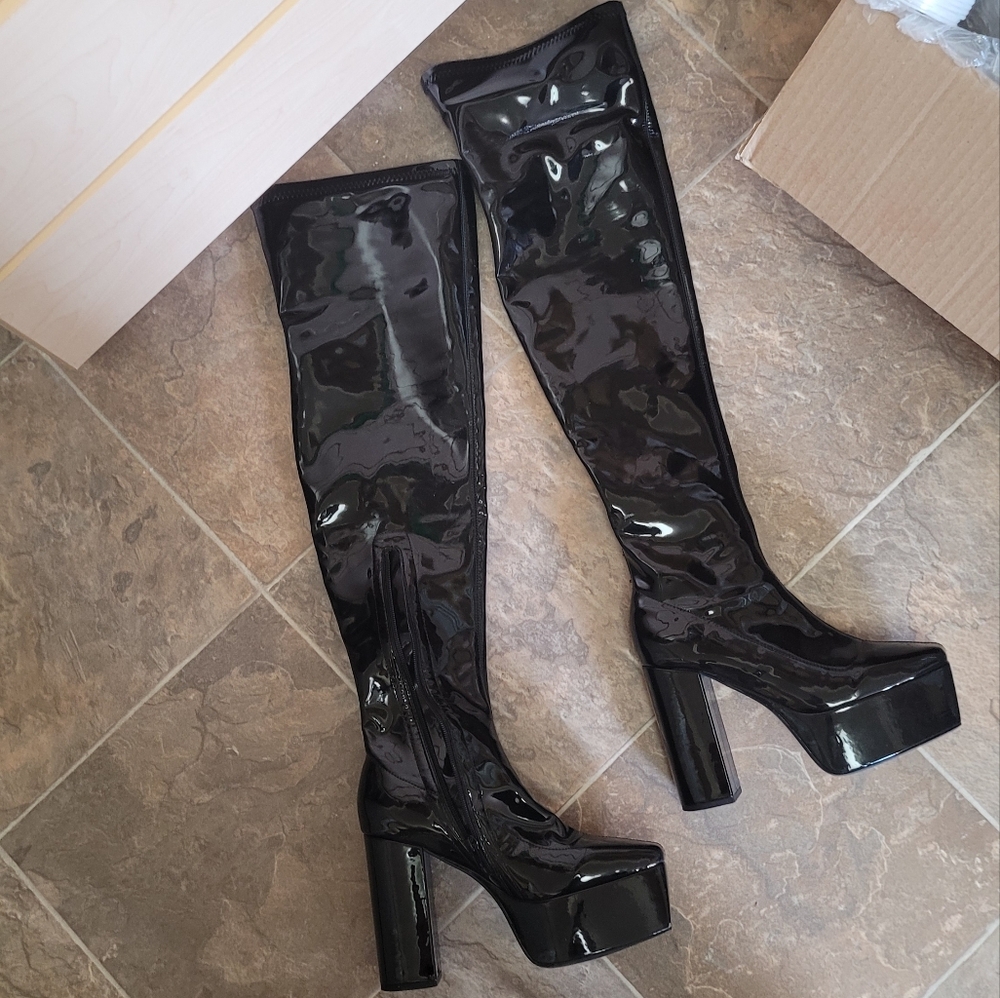 Black Patent Leather Thigh-High Platform Boots